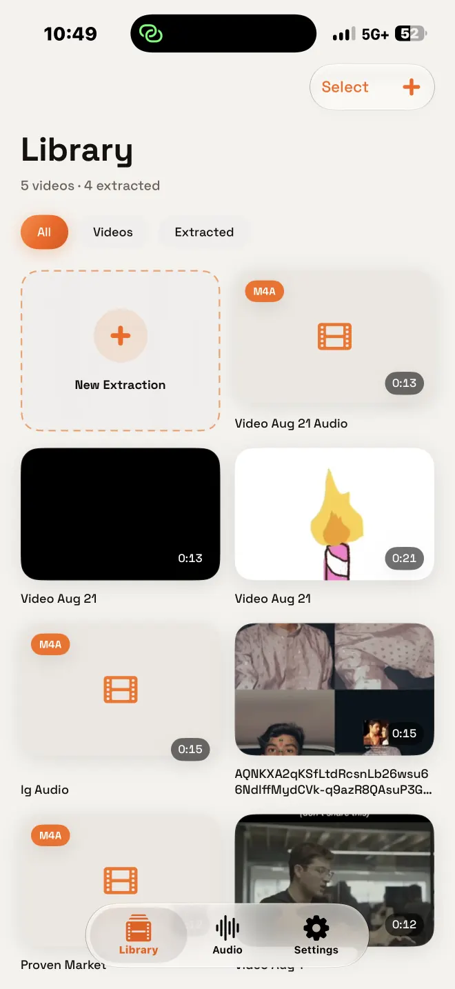 Extract Audio From Video+ library screen